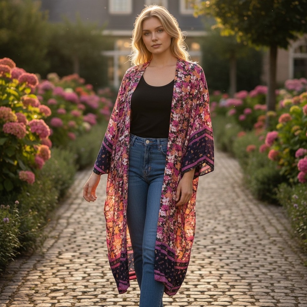 Loft‎ Outlet Floral Kimono Cardigan Pink Purple Modal Open Front Wrap M/L